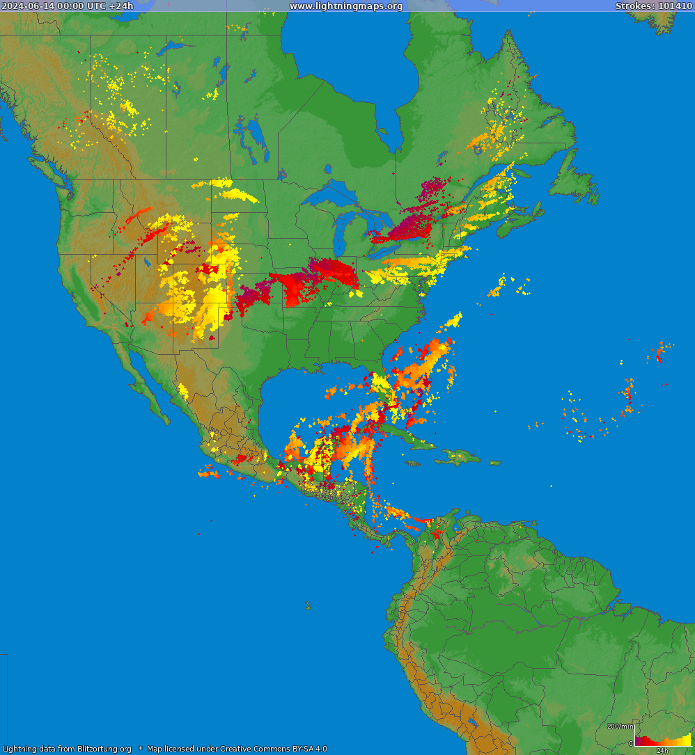 Карта блискавок Північна Америка 14.06.2024