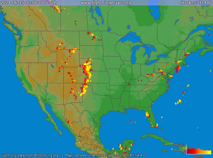 Mappa dei fulmini USA 15.06.2024 (Animazione)