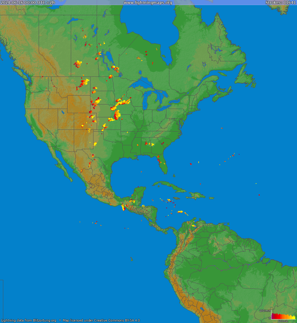 Bliksem kaart North America 16.06.2024 (Animatie)