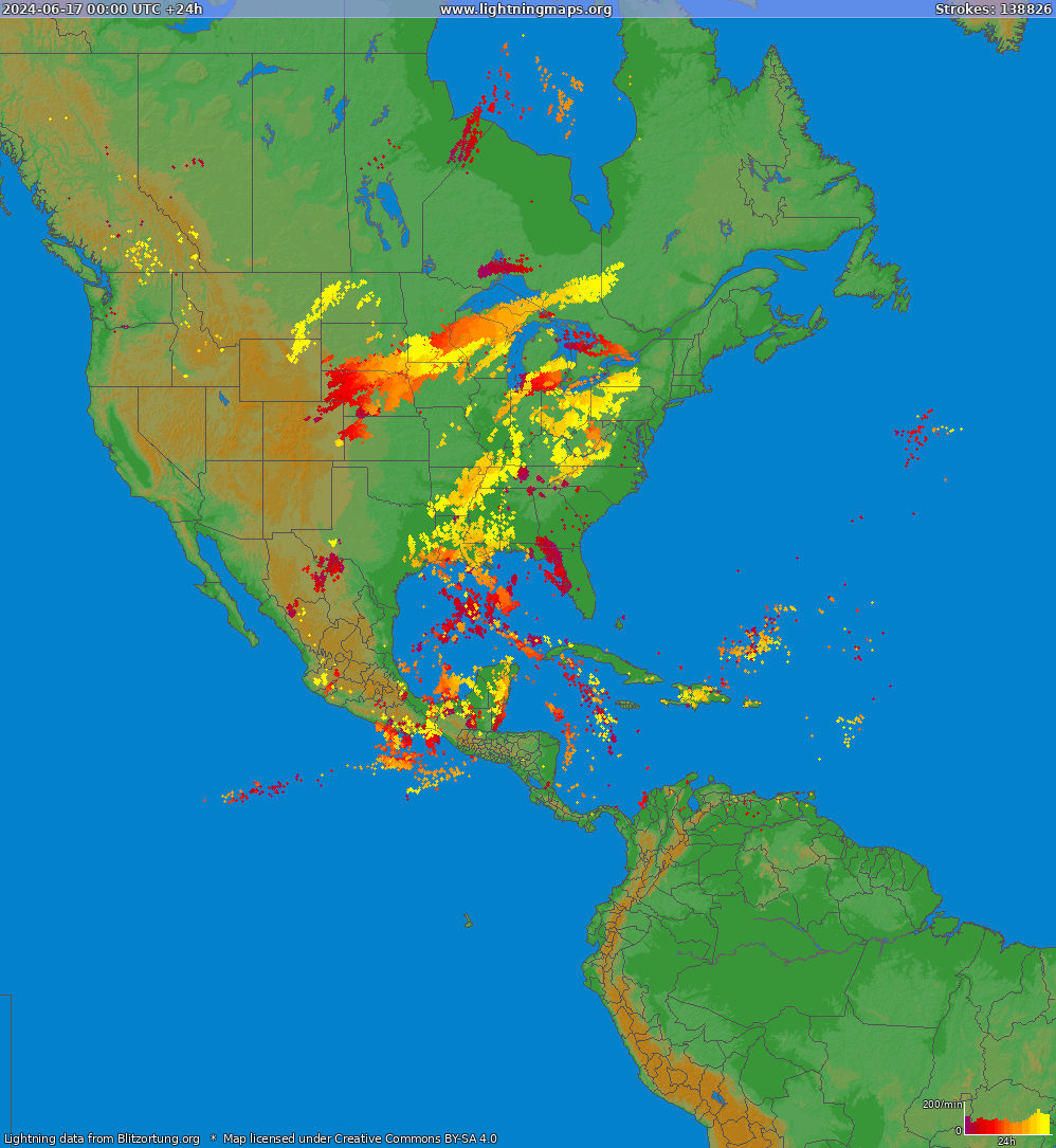 Карта блискавок Північна Америка 17.06.2024