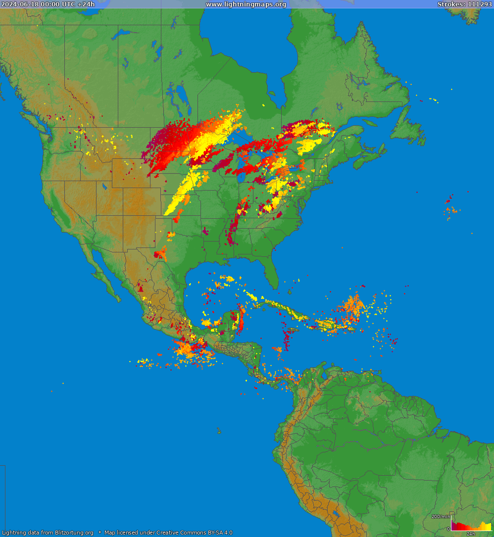 Lightning map North America 2024-06-18