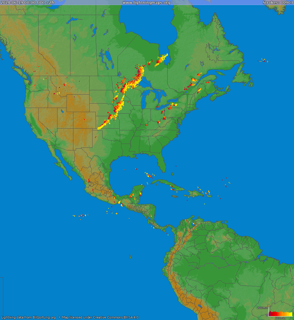 Carte de la foudre North America 19/06/2024 (Animation)