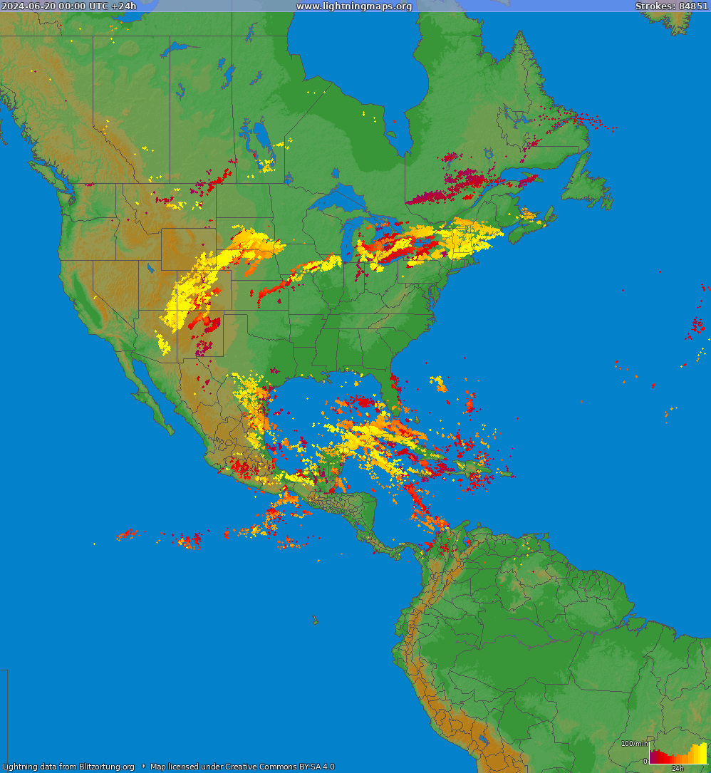 Lightning map North America 2024-06-20