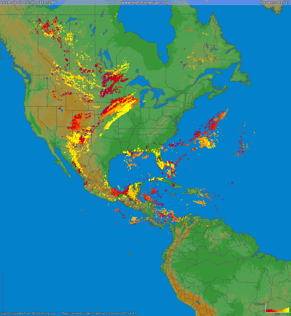 Lightning map North America 2024-07-02