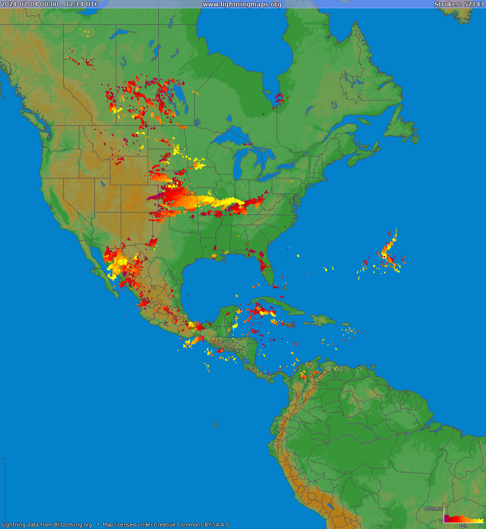 Bliksem kaart North America 04.07.2024