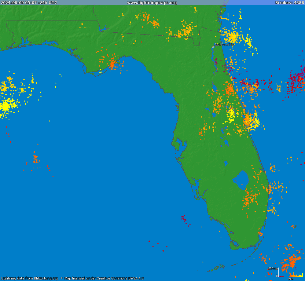 Mapa blesků Florida (Big) 19.04.2024 23:06:00 UTC