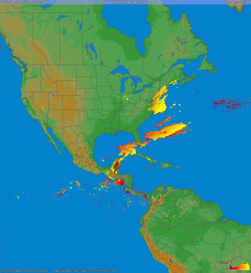 Карта блискавок Північна Америка 21.04.2021