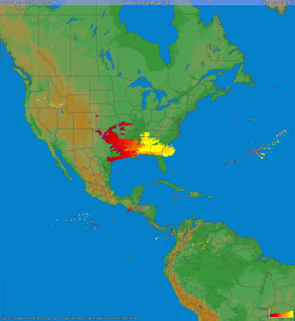 Карта блискавок Північна Америка 24.04.2021