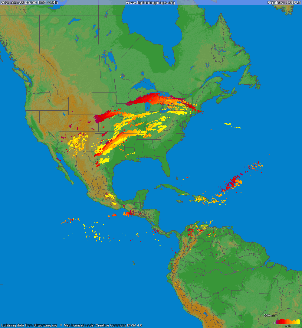Mapa blesků North America 28.04.2021
