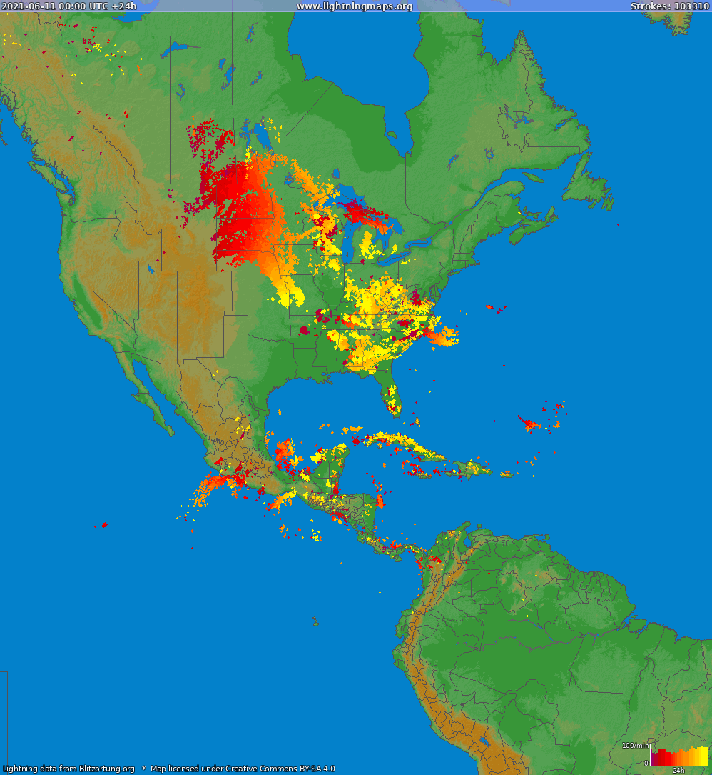 Mapa bleskov North America 11.06.2021