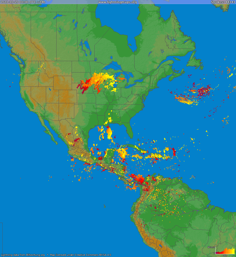 Mapa blesků North America 20.10.2021