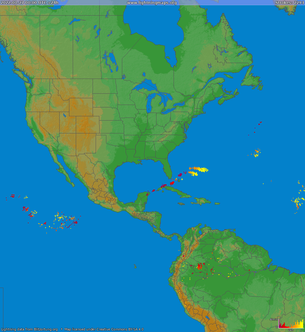 Mapa wyładowań Ameryka Północna 2022-01-27