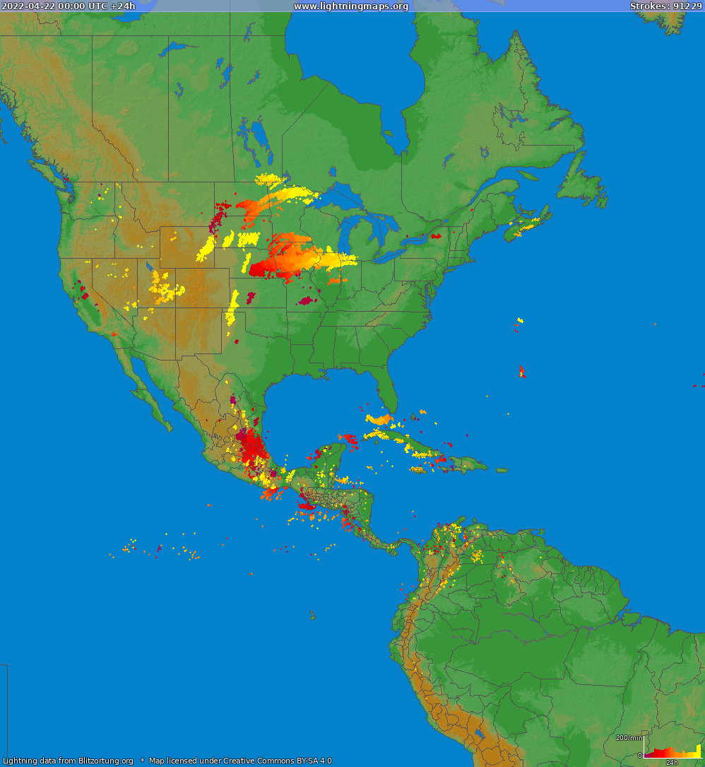 Mapa bleskov North America 22.04.2022