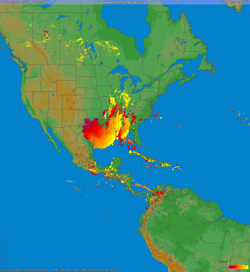 Mapa blesků North America 25.05.2022