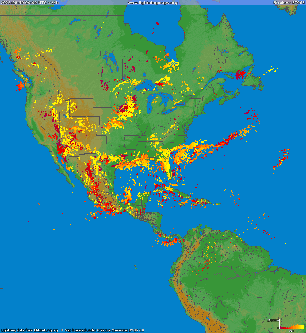 Lightning map North America 2022-08-19