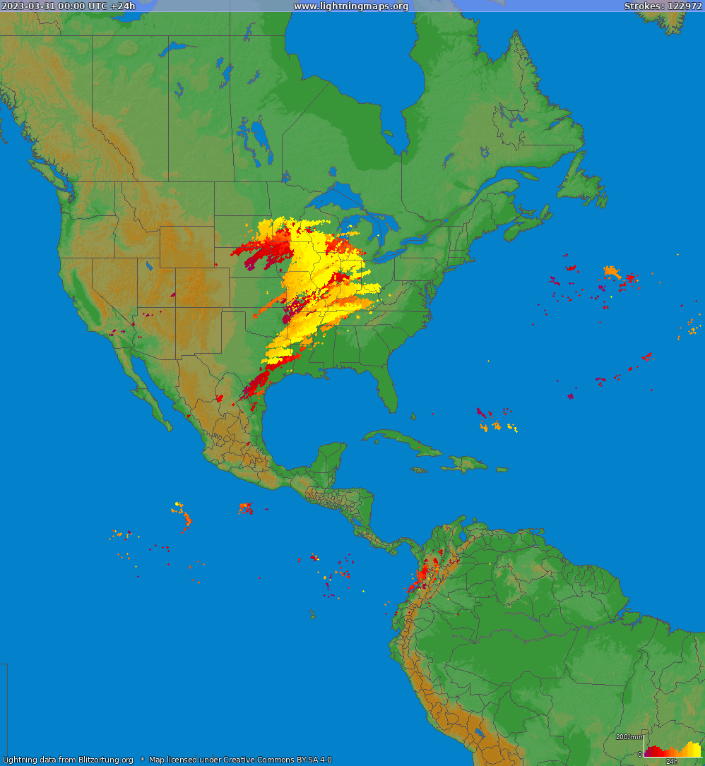 Mapa blesků North America 31.03.2023