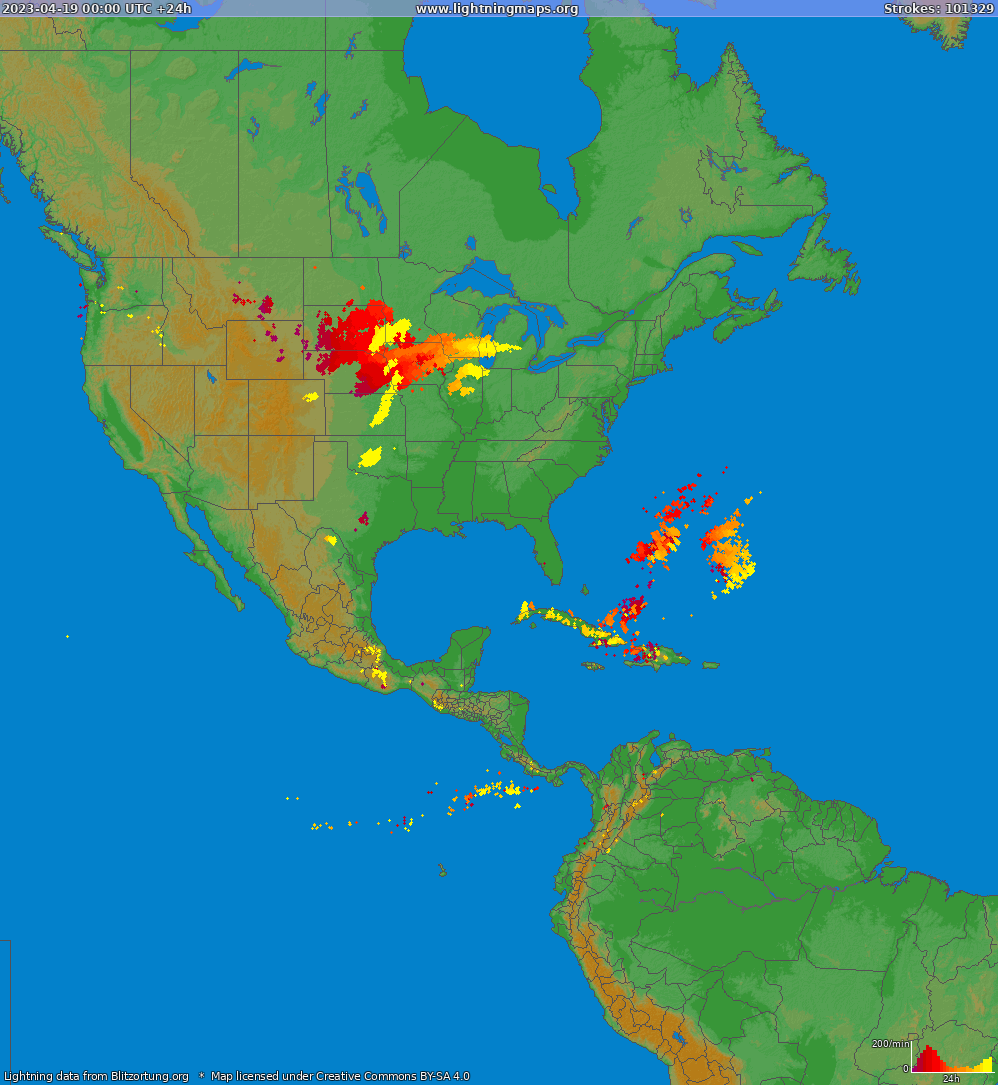 Mapa blesků North America 19.04.2023