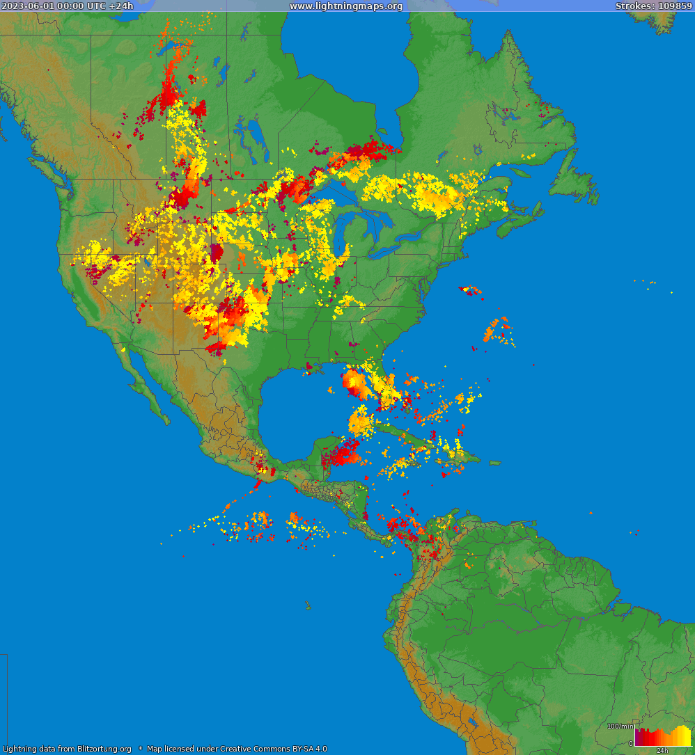 Mappa dei fulmini North America 01.06.2023