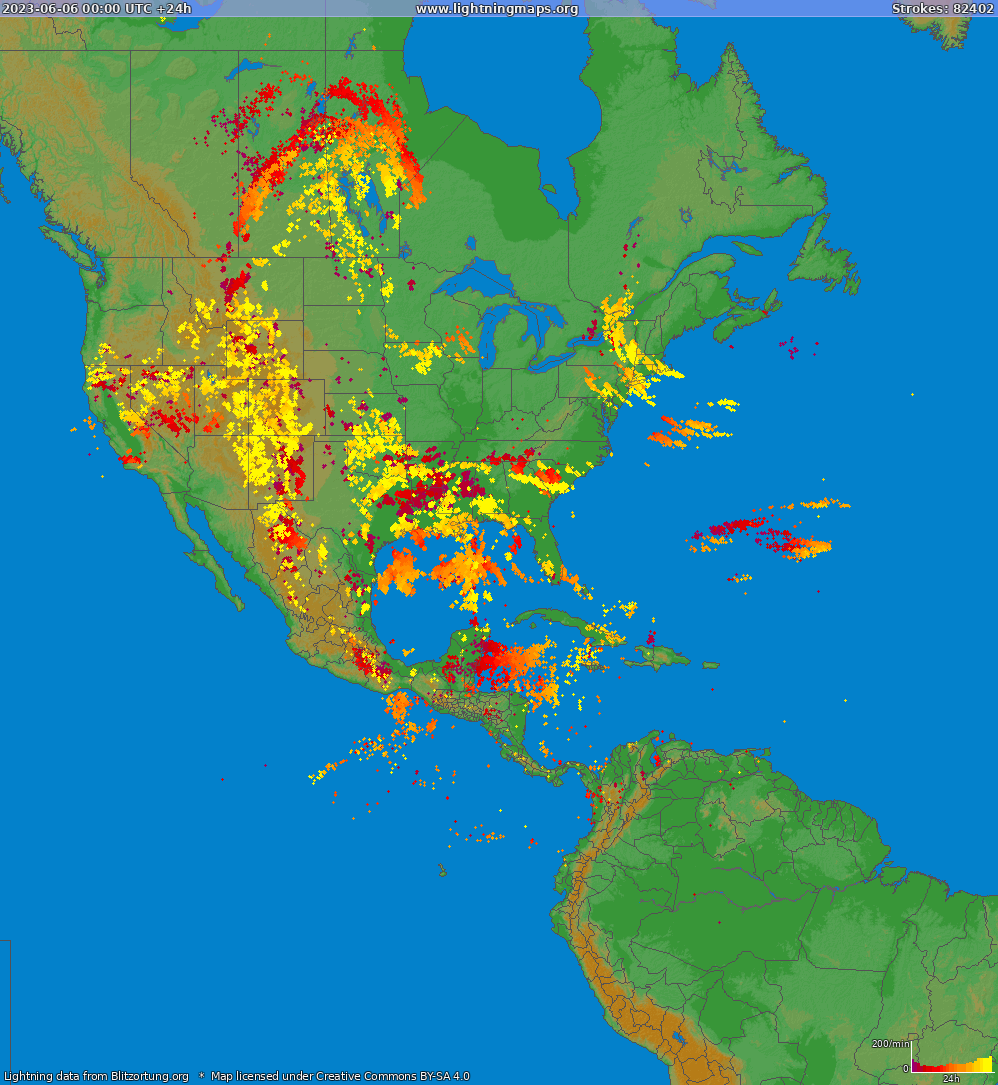Mapa wyładowań Ameryka Północna 2023-06-06