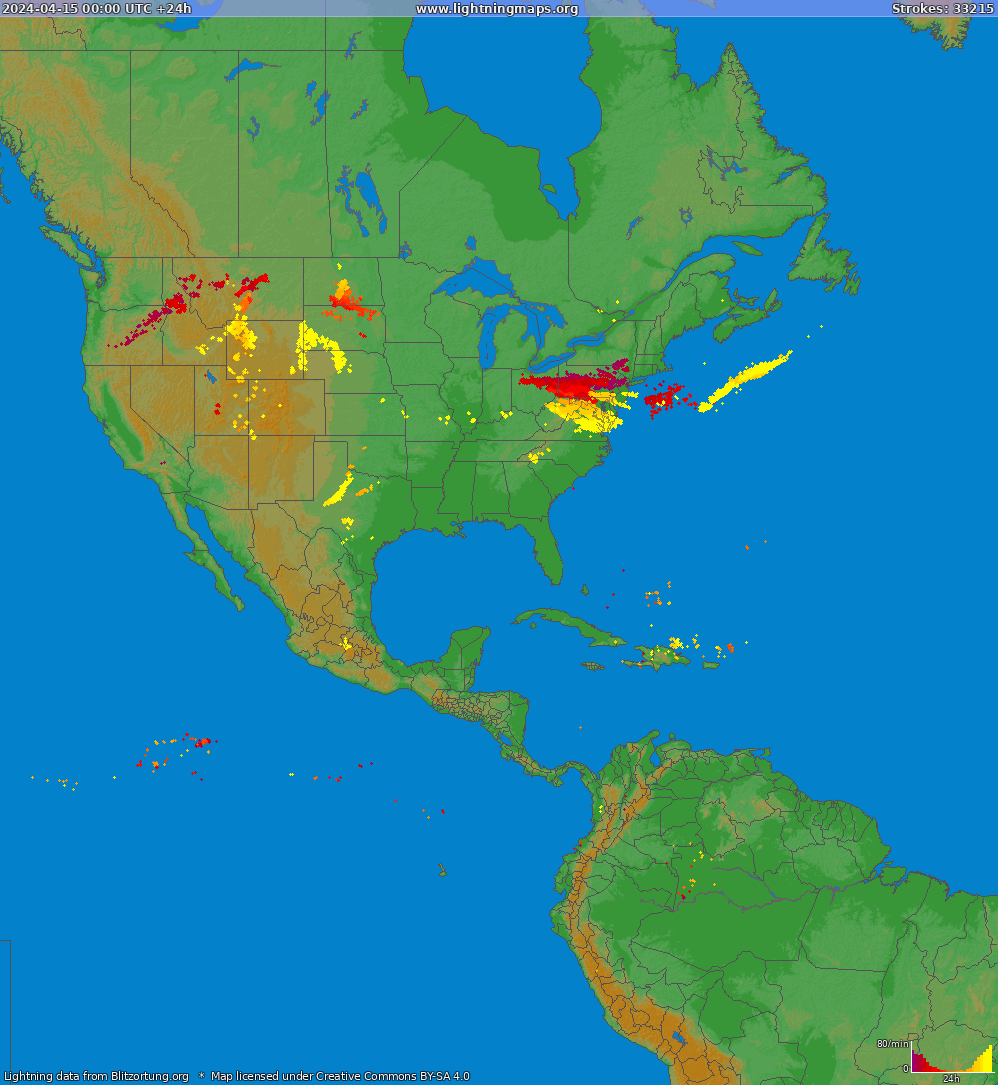 Карта блискавок Північна Америка 15.04.2024