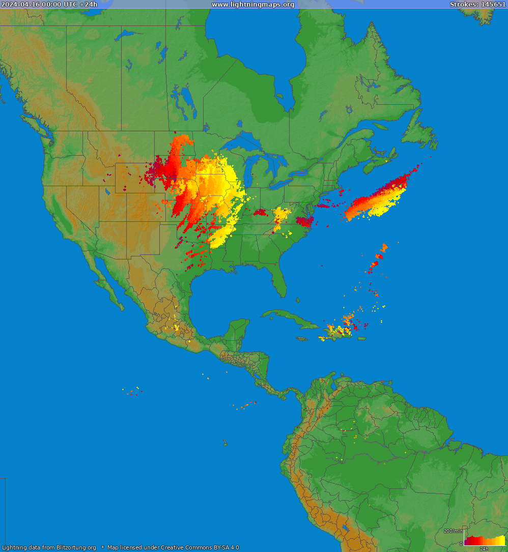 Mappa dei fulmini North America 16.04.2024