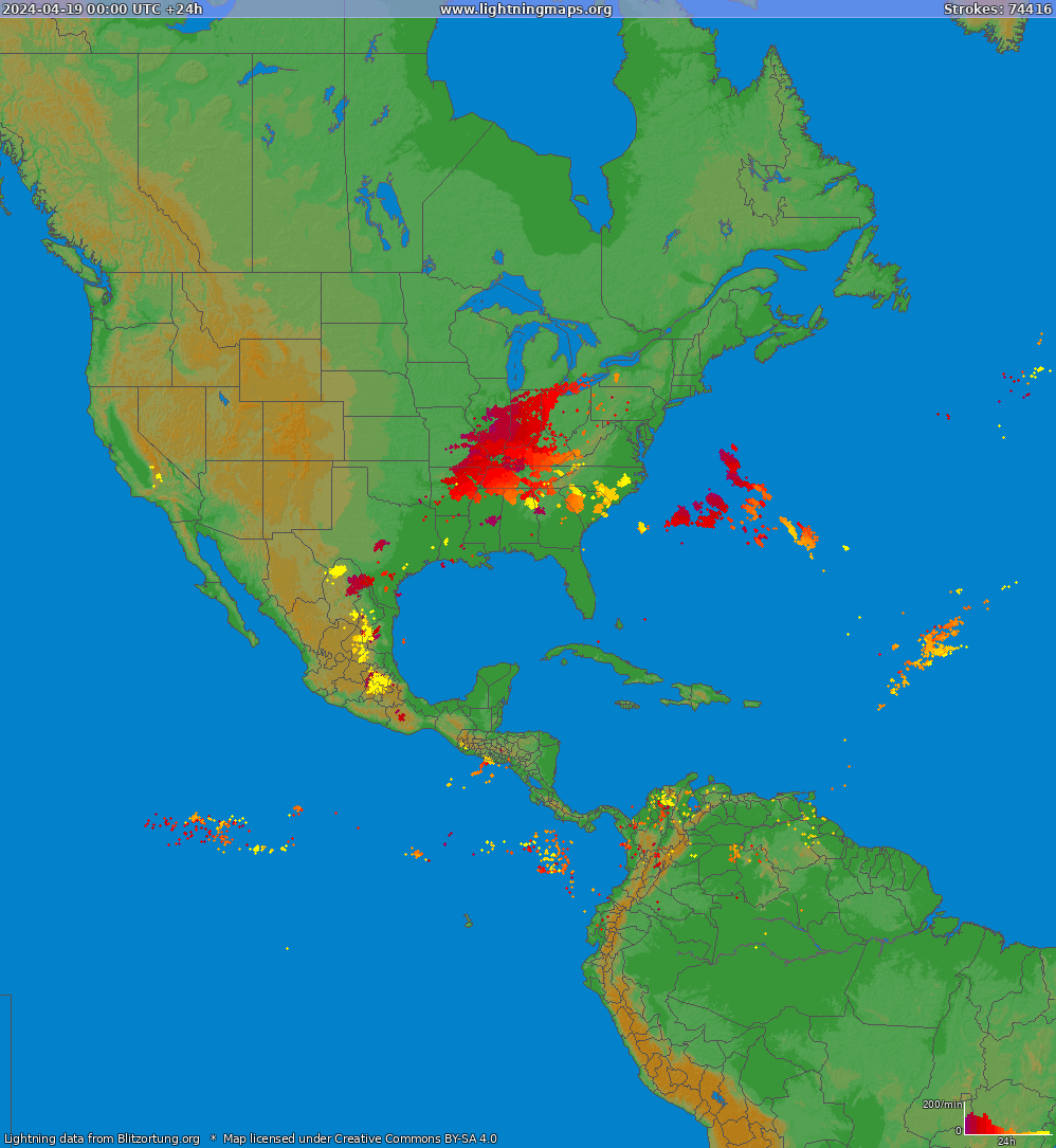 Mapa wyładowań Ameryka Północna 2024-04-19