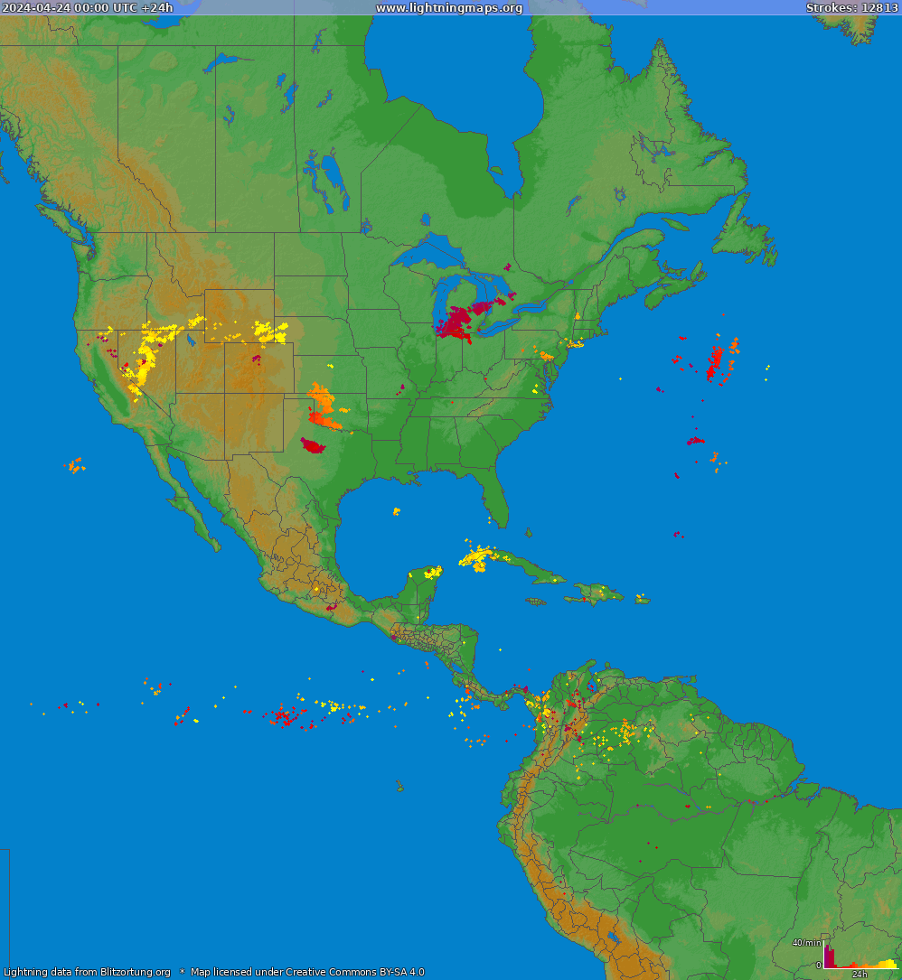 Mapa blesků North America 24.04.2024