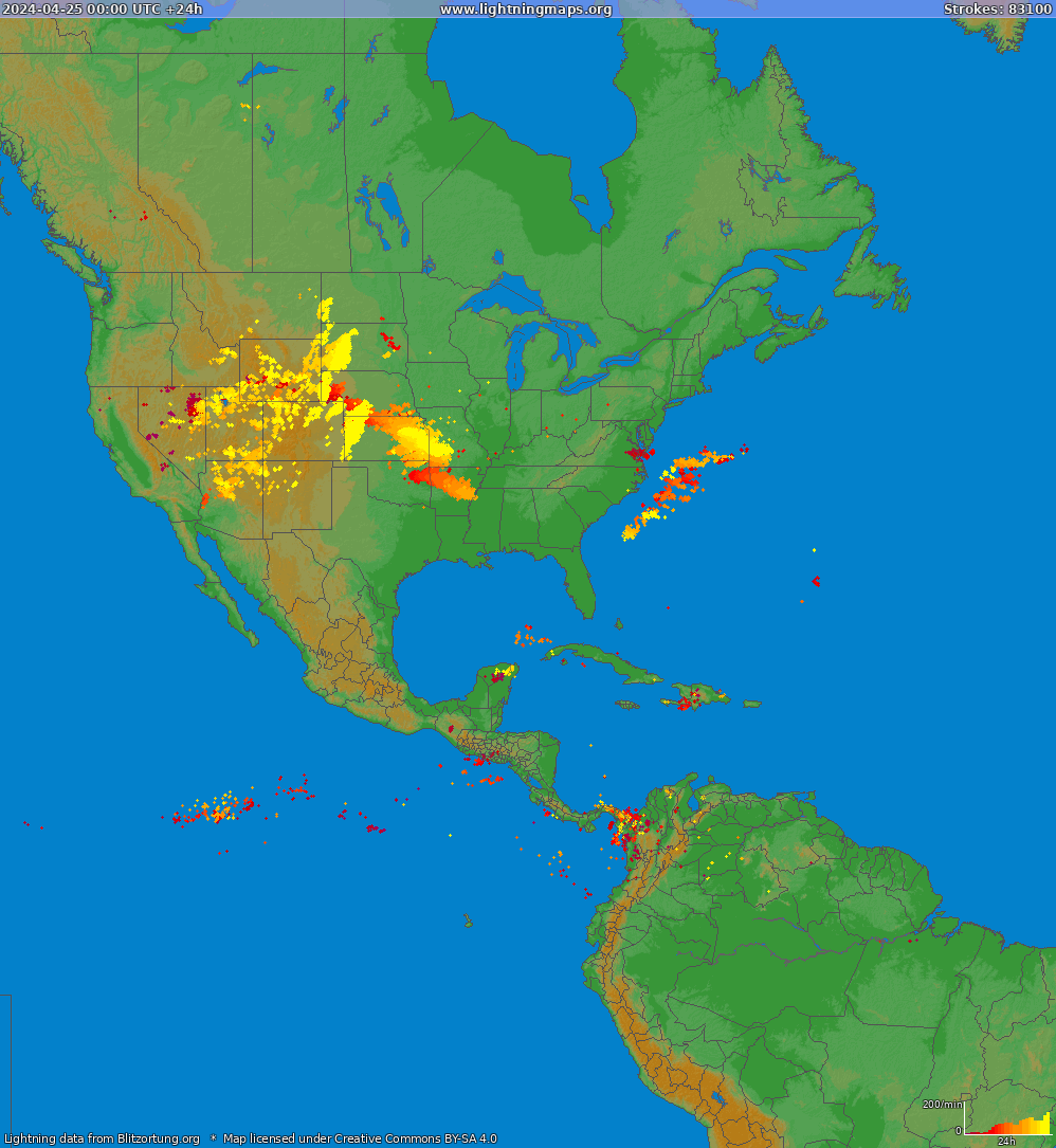 Mapa bleskov North America 25.04.2024
