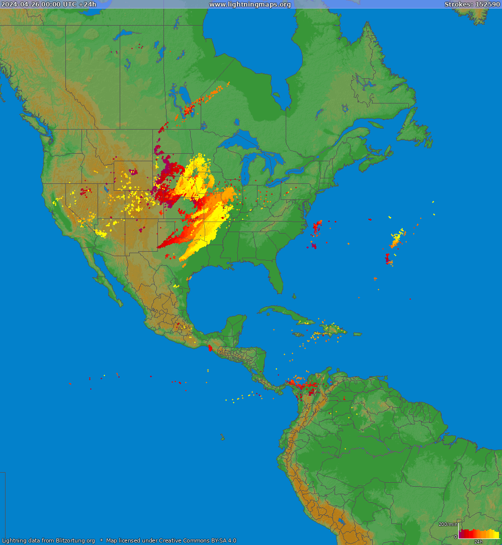 Mappa dei fulmini North America 26.04.2024