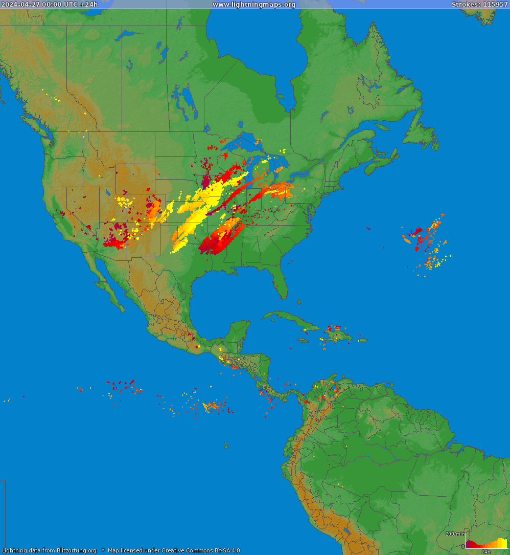Mapa bleskov North America 27.04.2024
