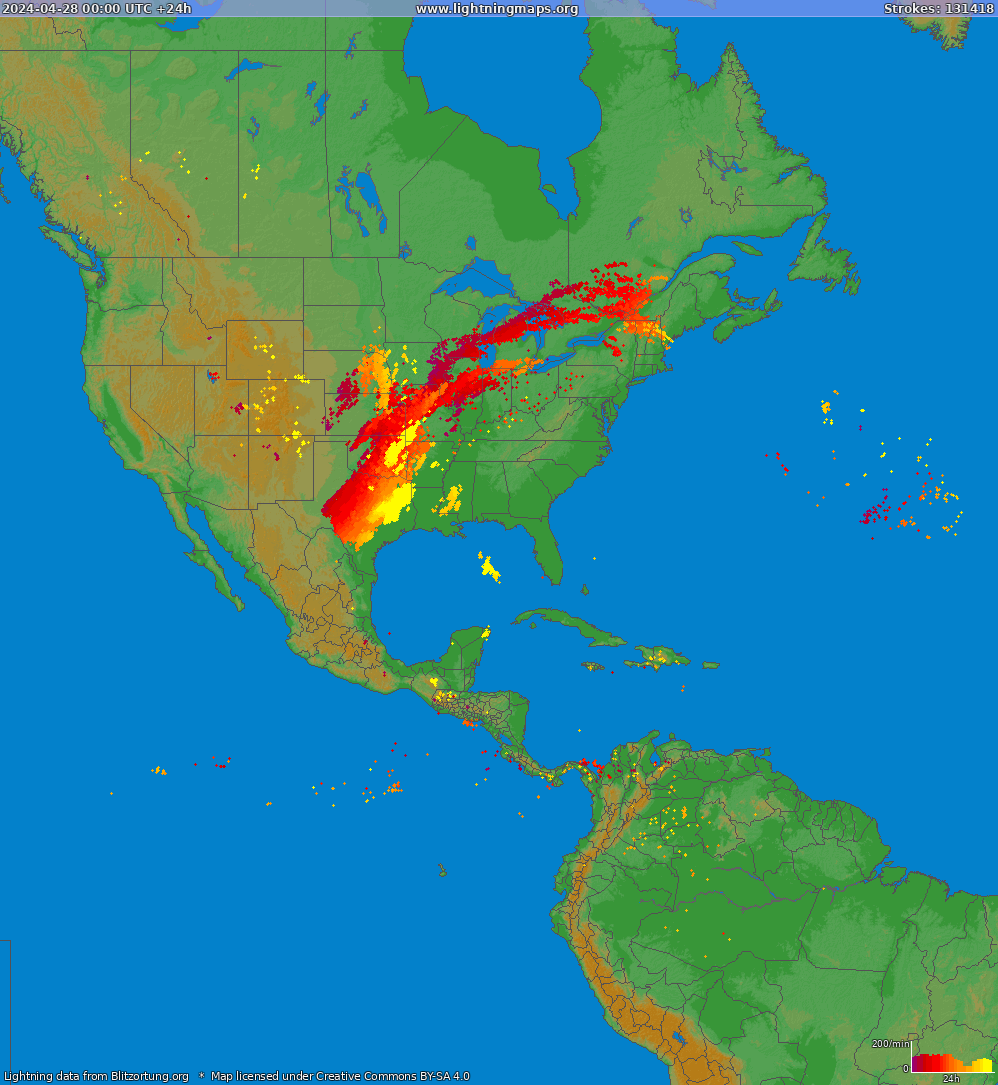 Mappa dei fulmini North America 28.04.2024