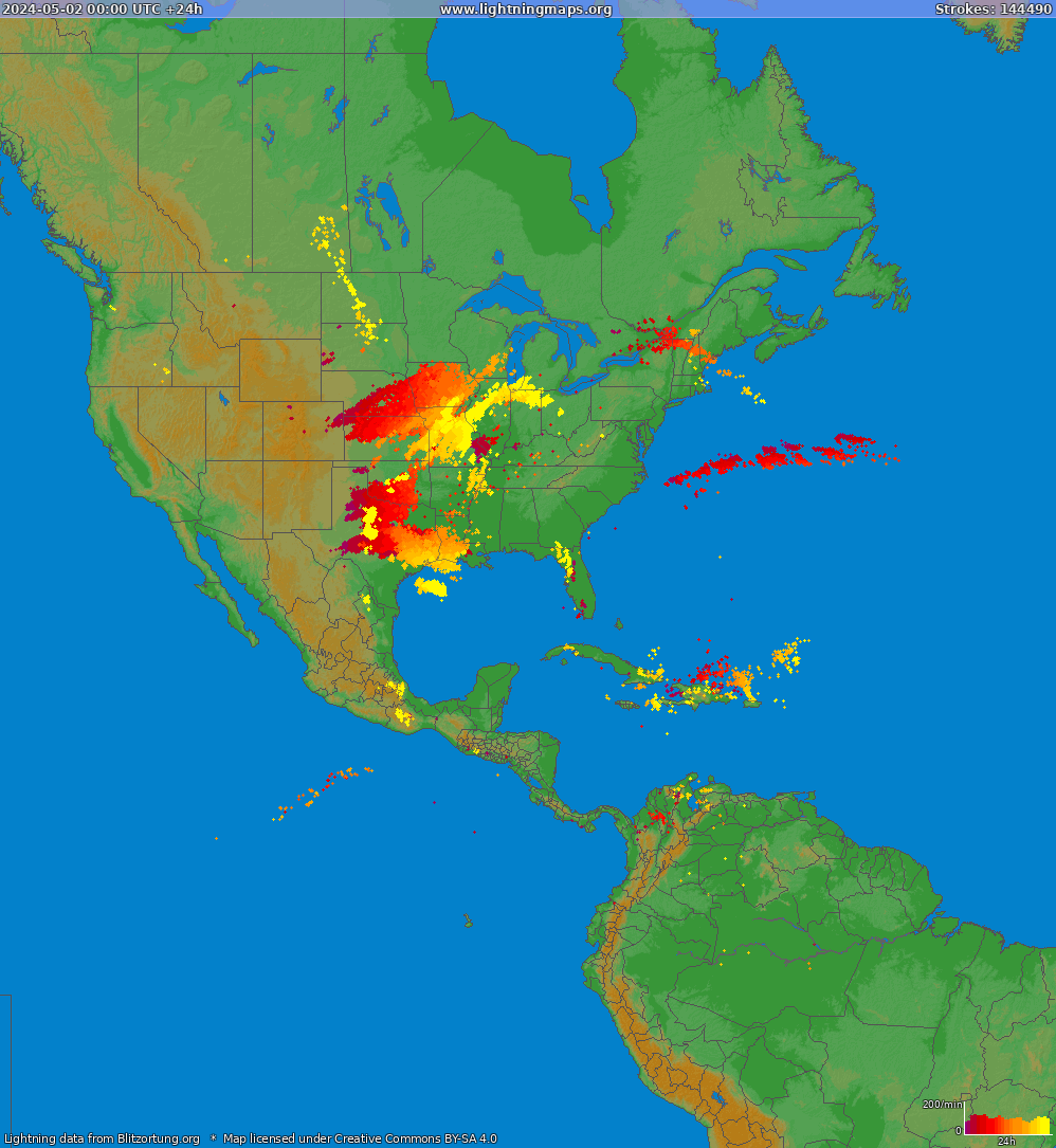 Mapa bleskov North America 02.05.2024