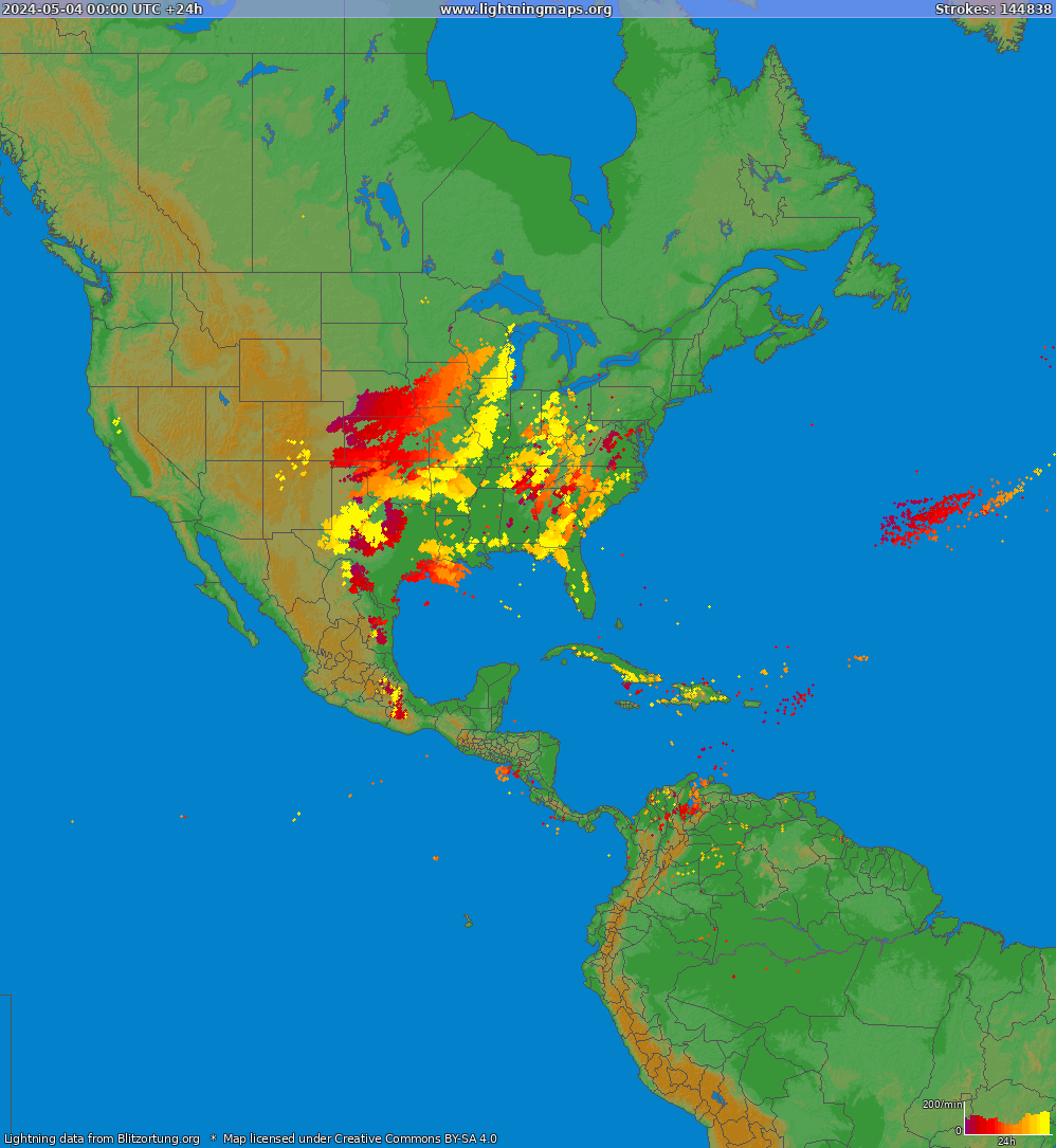 Mappa dei fulmini North America 04.05.2024