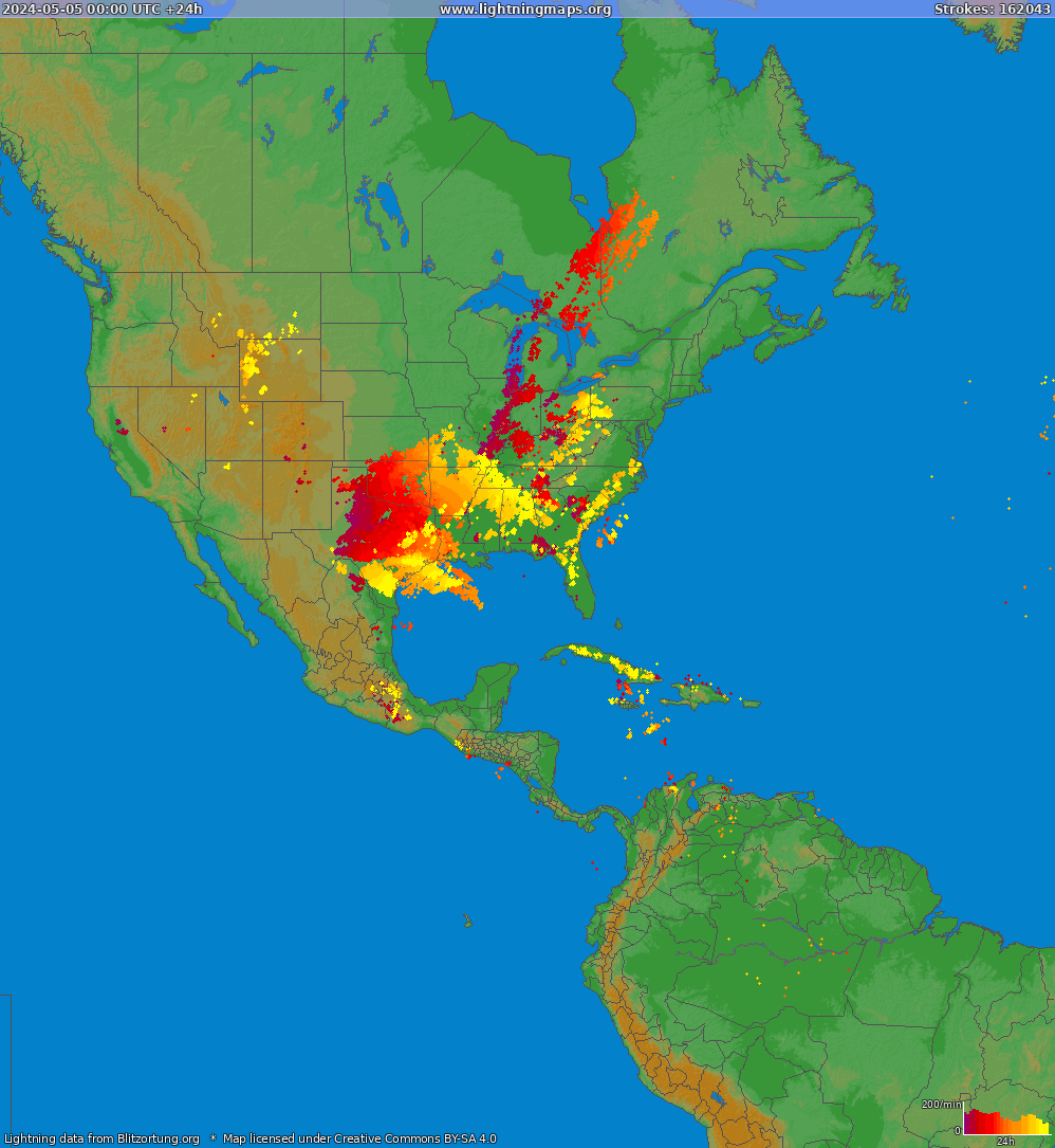 Mapa wyładowań Ameryka Północna 2024-05-05