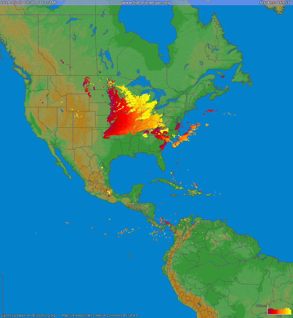 Mappa dei fulmini North America 07.05.2024