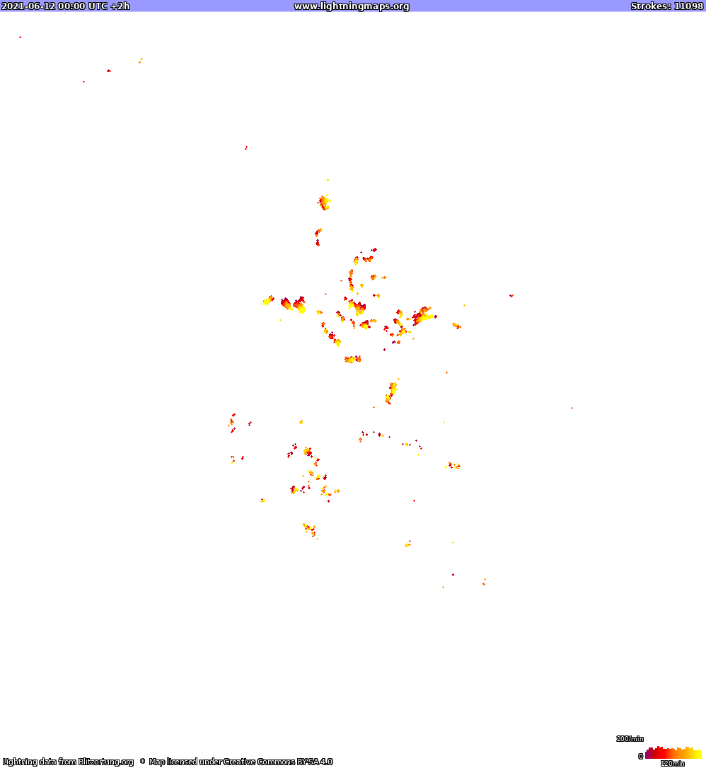 Mapa blesků North America 12.06.2021 (Animace)
