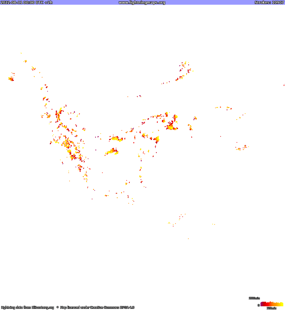 Mapa bleskov North America 11.08.2022 (Animácia)