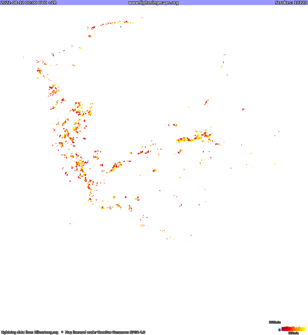 Mapa blesků North America 12.08.2022 (Animace)