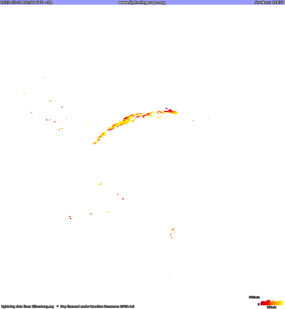 Mapa wyładowań Ameryka Północna 2023-03-24 (Animacja)