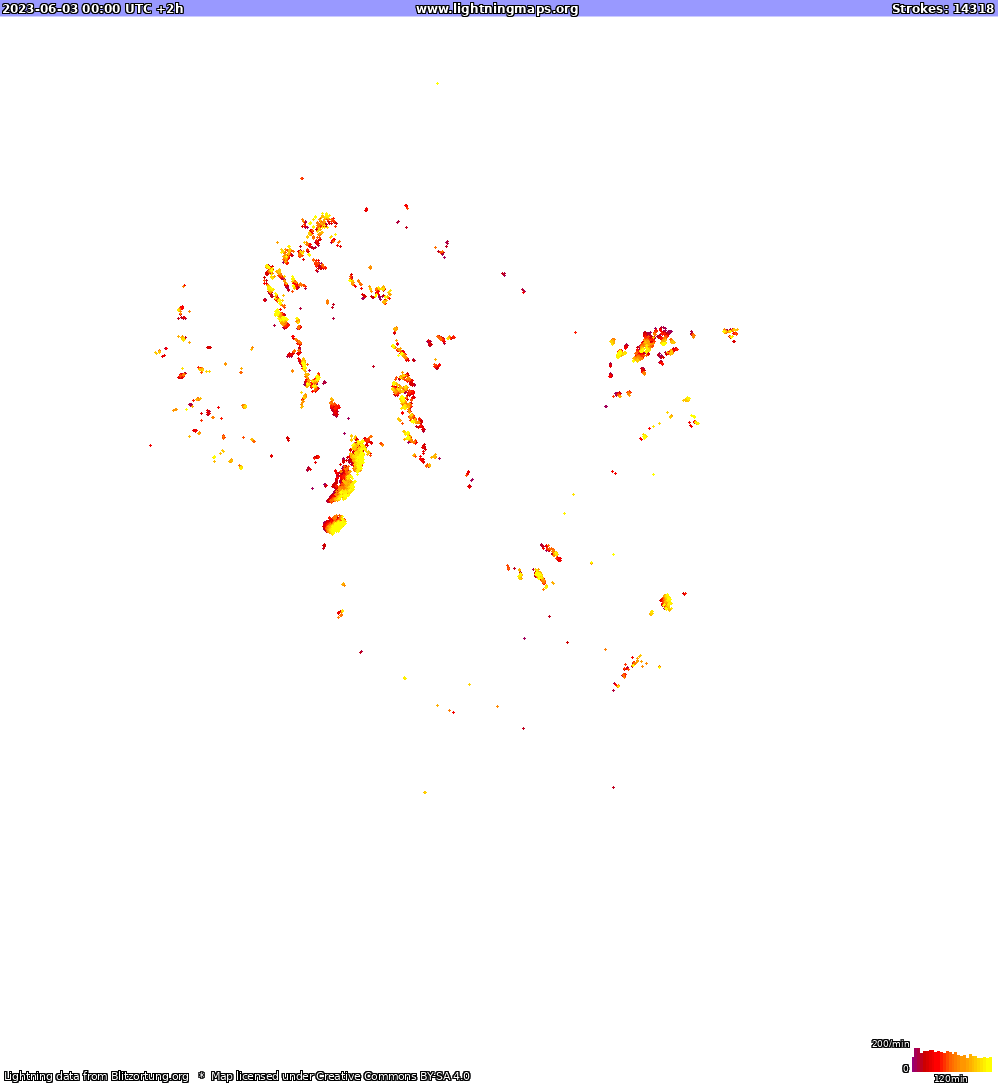 Mapa wyładowań Ameryka Północna 2023-06-03 (Animacja)