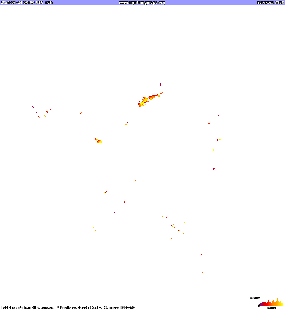 Mapa blesků North America 24.04.2024 (Animace)