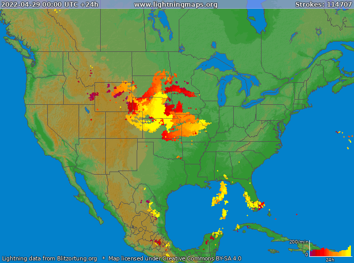 Mapa wyładowań USA 2022-04-29