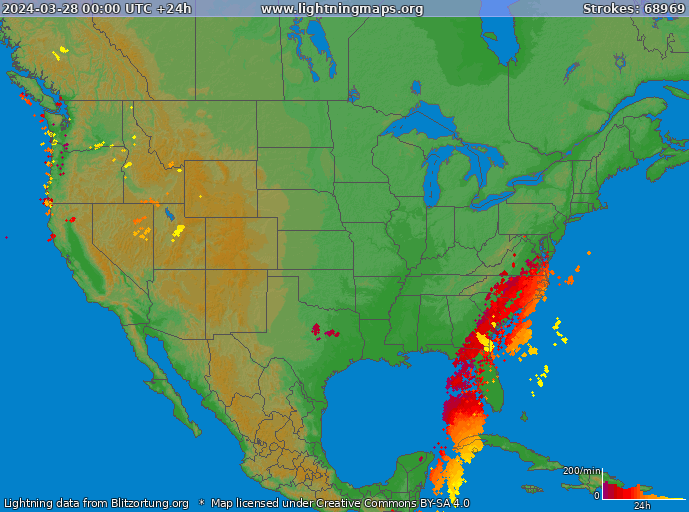 Mapa bleskov USA 28.03.2024