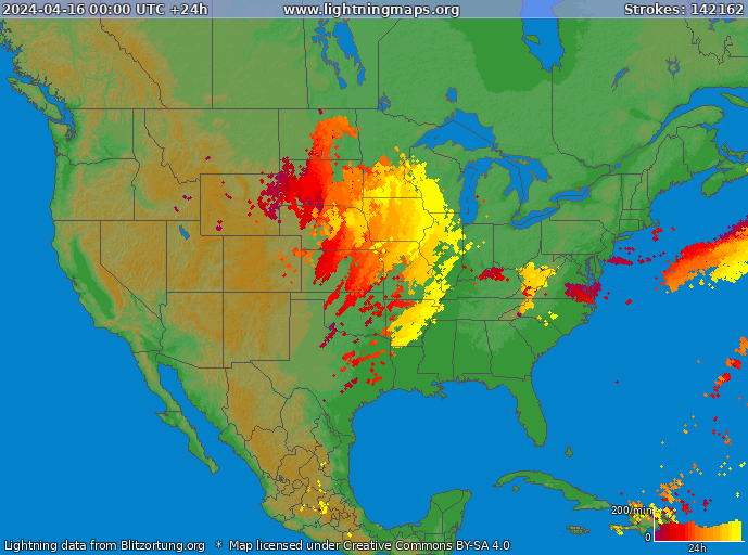 Mapa blesků USA 16.04.2024