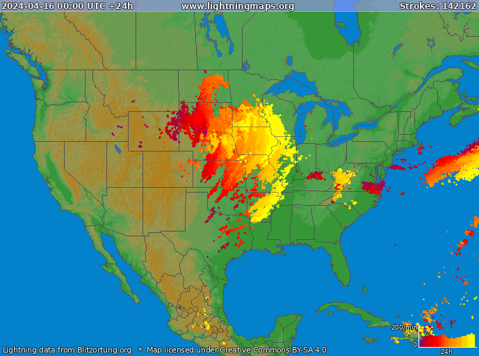 Bliksem kaart USA 16.04.2024