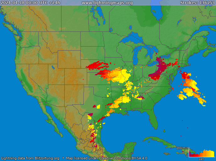 Mapa wyładowań USA 2024-04-18