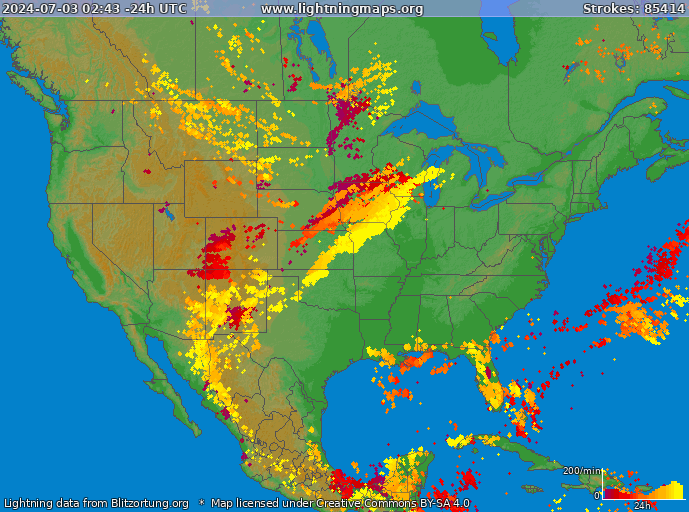 Mappa dei fulmini USA 25.04.2024 22:57:48 UTC