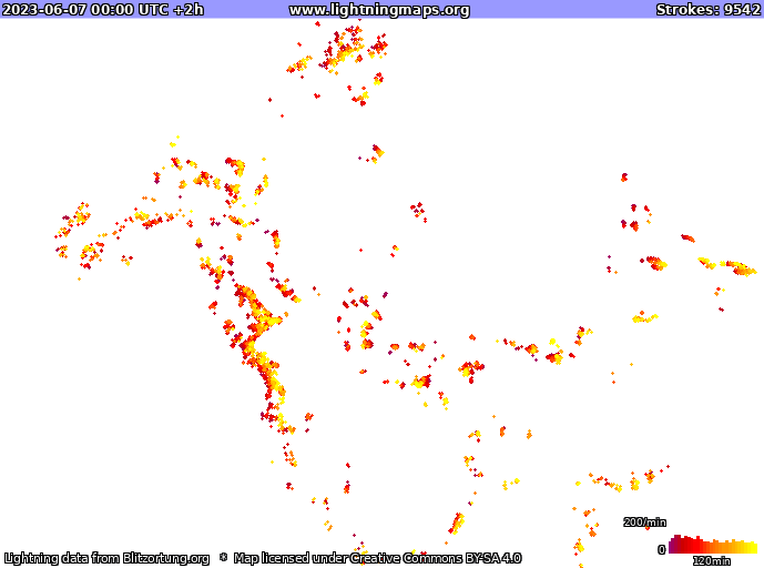 Mapa blesků USA 07.06.2023 (Animace)