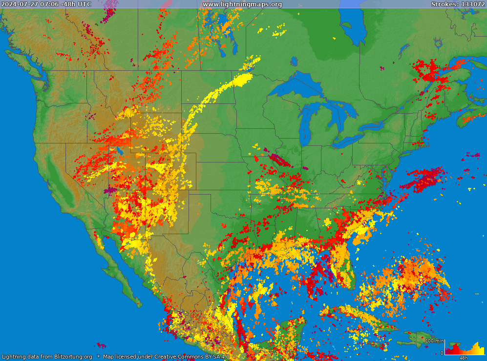 Mapa blesků USA (Big) 06.06.2024 02:00:55 UTC
