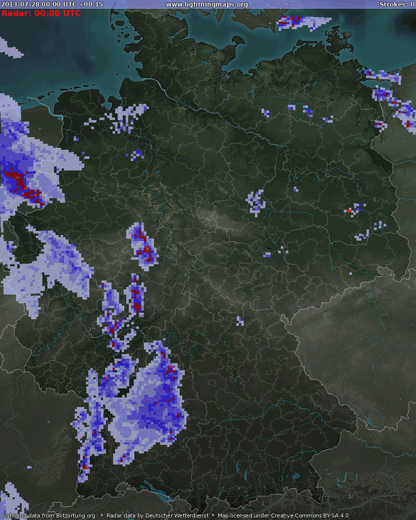Lightning map Germany Radar 2013-07-28